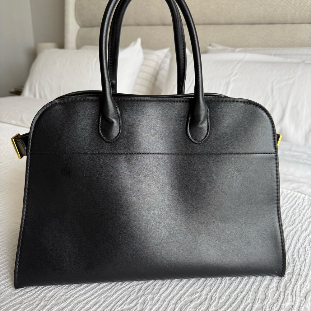 The Row Margaux Inspired Black Leather Drawstring Pouch with Gold Accents - Picture 3 of 14